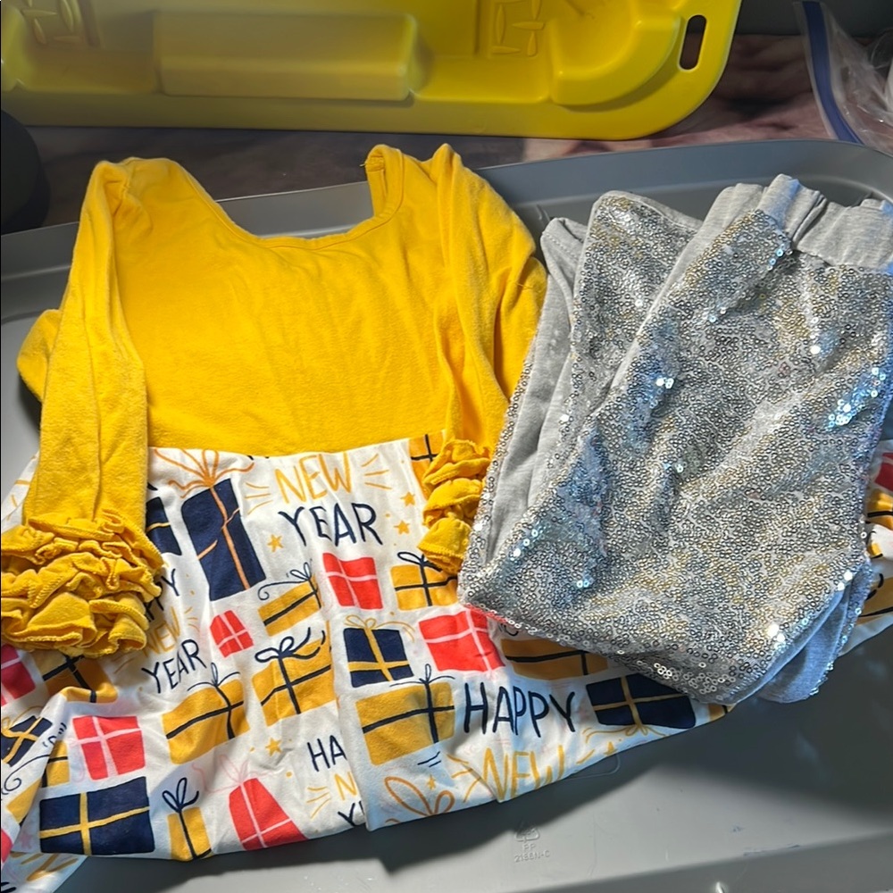 Yellow and Multicolor New Year Dress with Silver Sequin Leggings